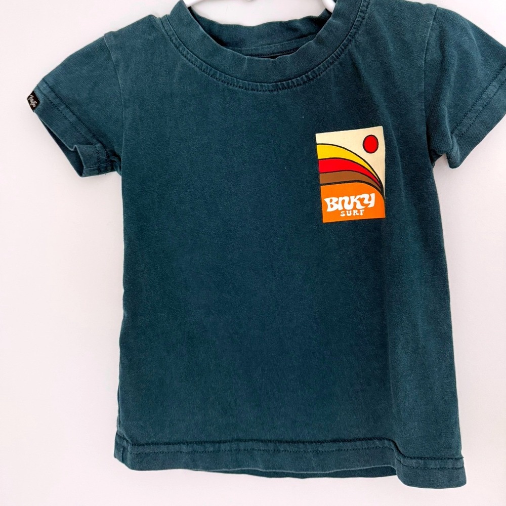 Binky Bro Surf Graphic Tee Dark Teal Green Cotton Short Sleeve Shirt 6-12 Months